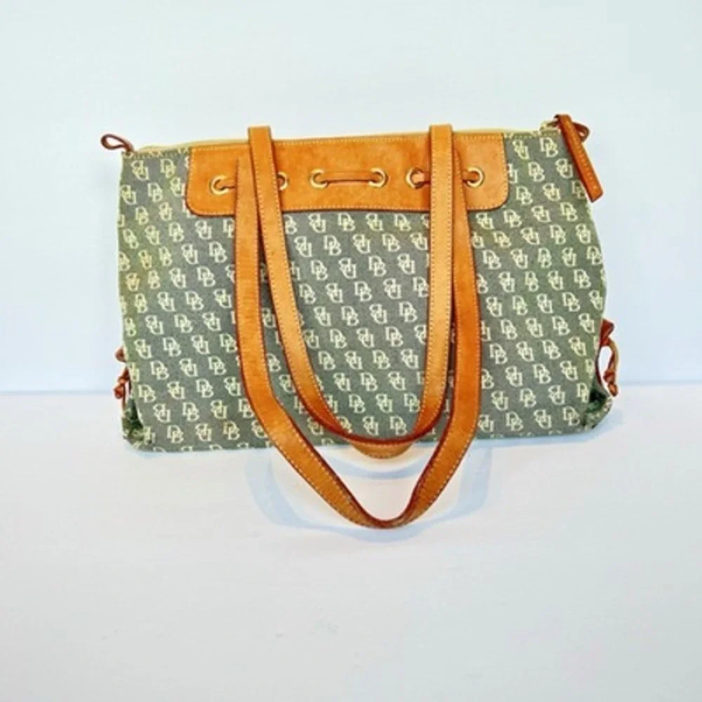Dooney & Bourke Monogram Canvas Tote Bag Blue Tan Leather Trim Vintage Y2K Boho - Picture 2 of 8